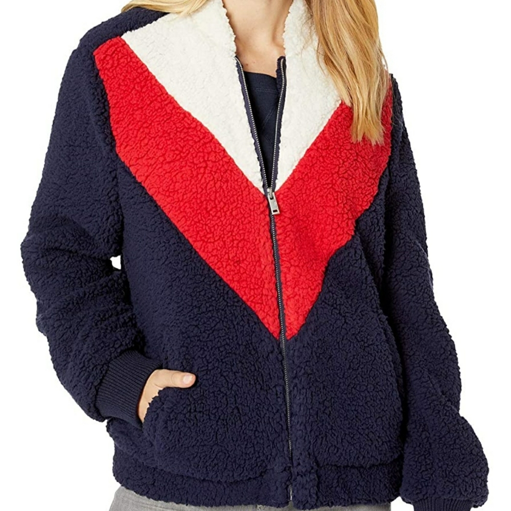 UGG Annalise Teddy Jacket Navy Blue Red White Medium Fuzzy Lined